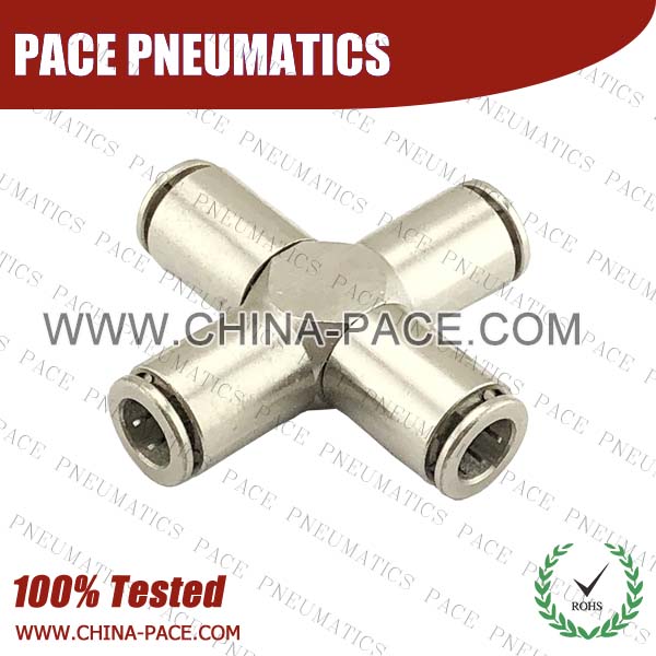 Union Cross Nickel Plated Brass Push To Connect Fittings, All Metal Push To Connect Fittings, All Brass Push In Fittings, Camozzi Type Brass Pneumatic Fittings